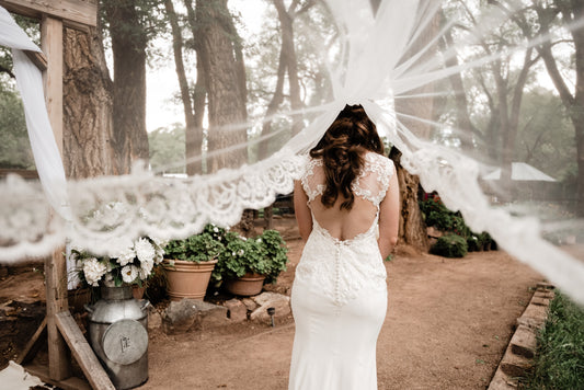 women in a white dress standing under a white veil.