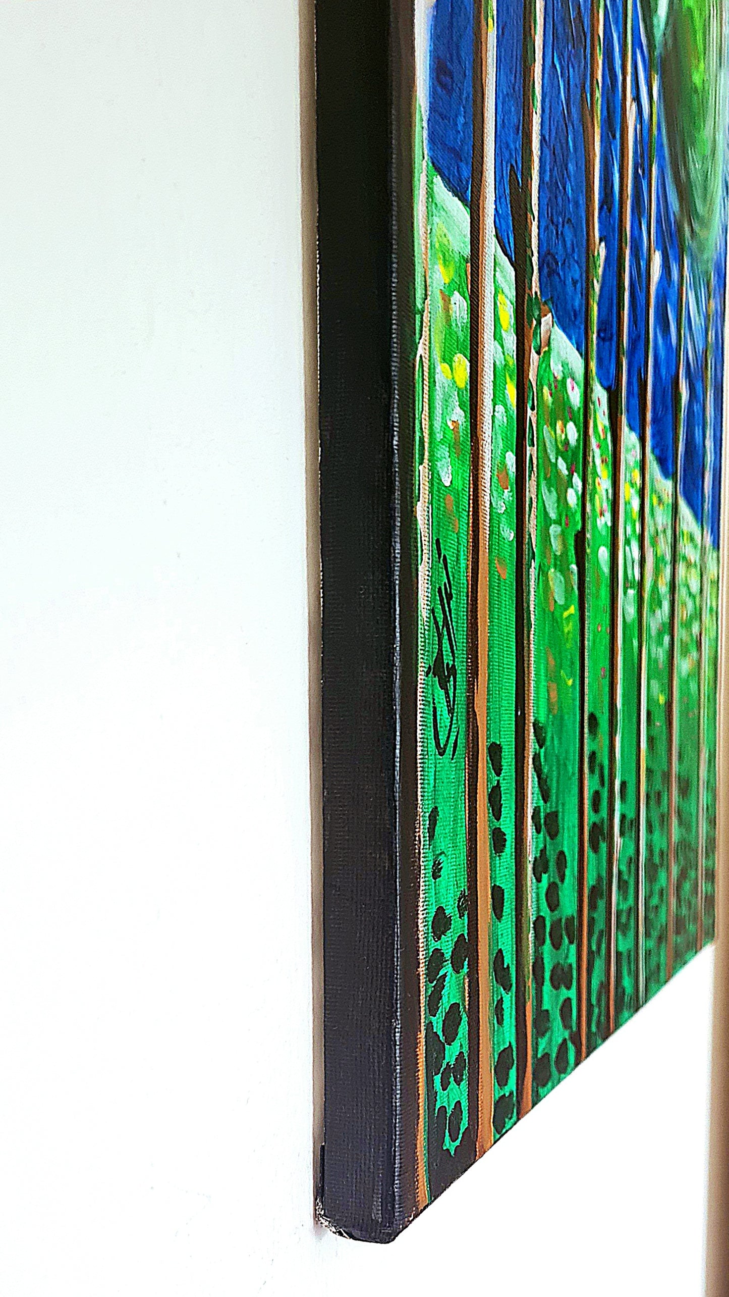 Forest of Life painting features tall trees, sunlight through leaves, and a clear blue sky.