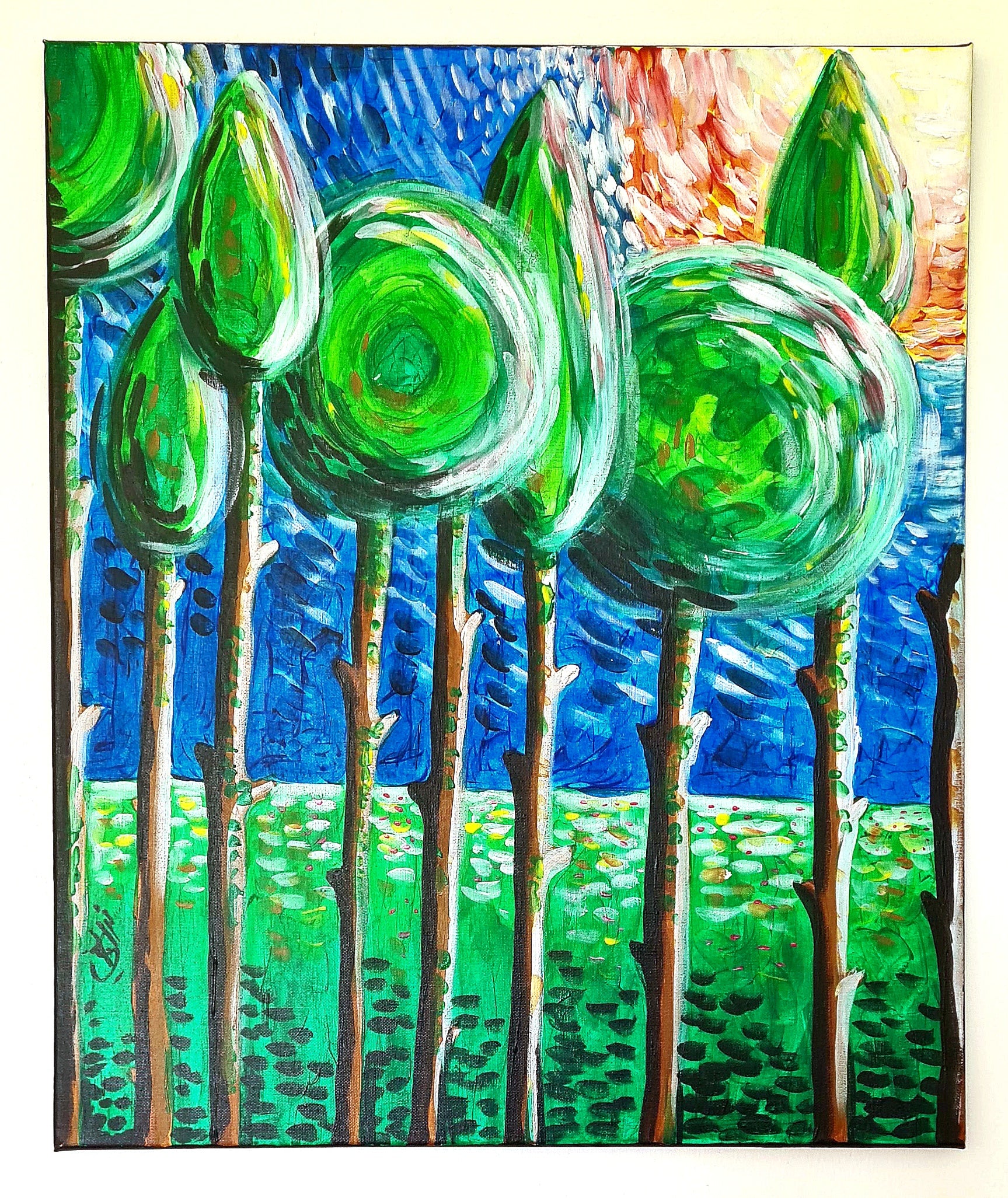 Forest of Life painting features tall trees, sunlight through leaves, and a clear blue sky.