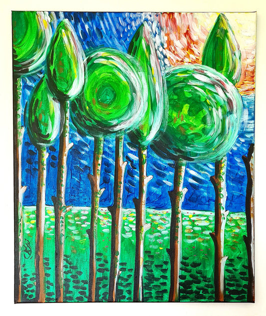 Forest of Life painting features tall trees, sunlight through leaves, and a clear blue sky.