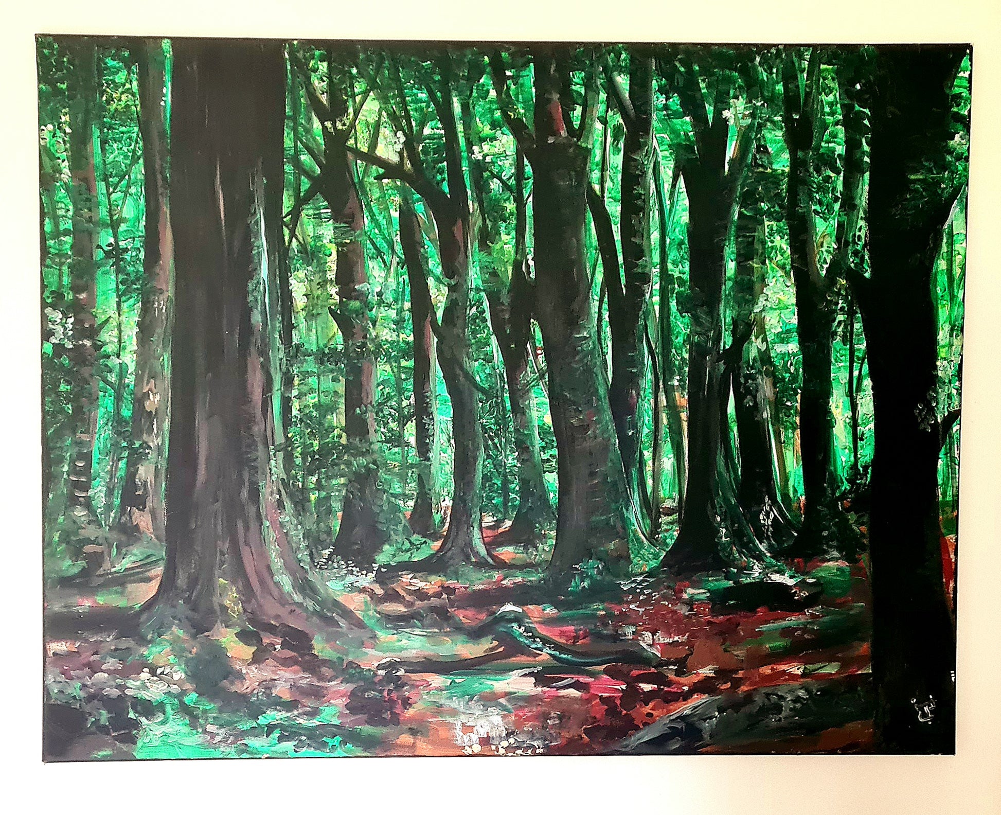Forest Reverie Painting an original acrylic painting with tall, sun-dappled trees in this serene forest
