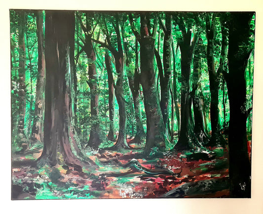 Forest Reverie Painting an original acrylic painting with tall, sun-dappled trees in this serene forest