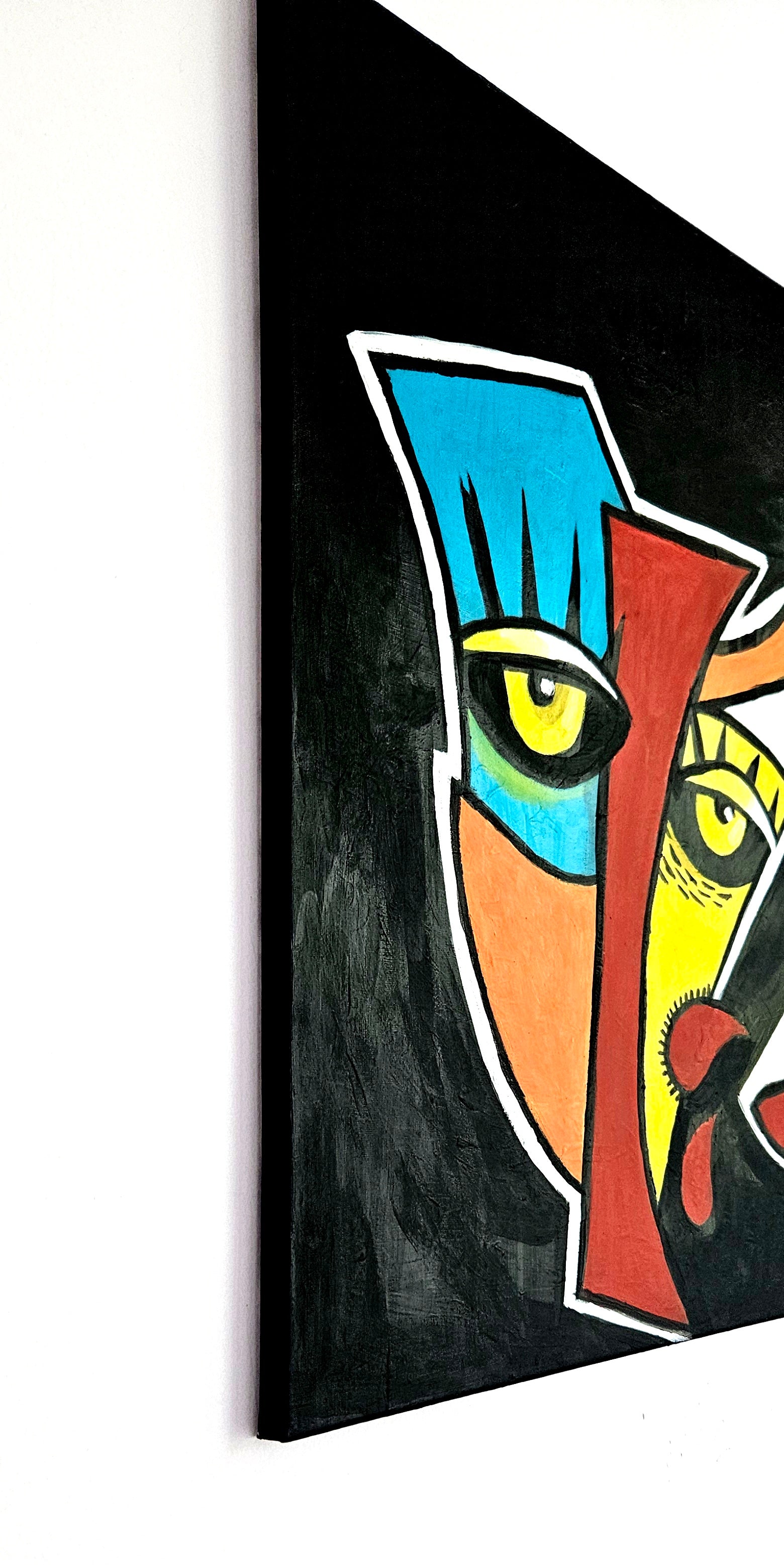 Abstract portrait painting in bold colors featuring three stacked faces, geometric shapes, and a single abstract wine glass in the foreground.