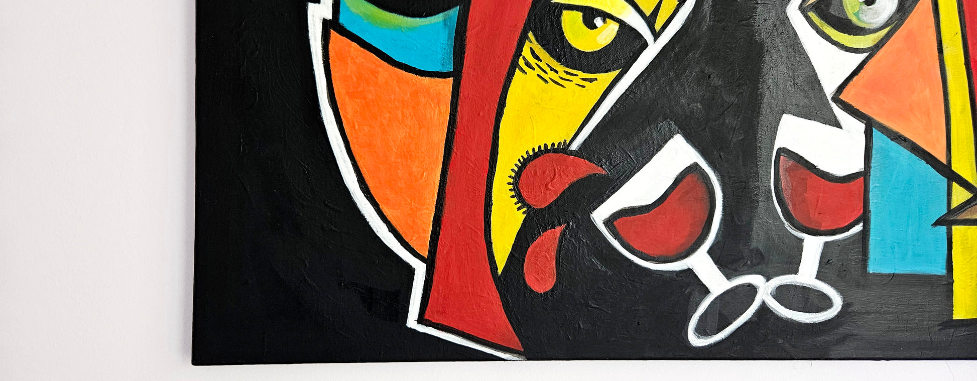Abstract portrait painting in bold colors featuring three stacked faces, geometric shapes, and a single abstract wine glass in the foreground.