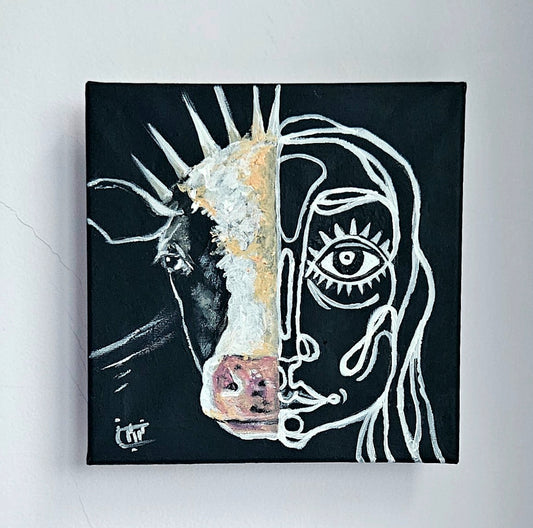 Black and white portrait featuring a realistic cow facing forward and a woman's face painted in an impressionistic style in the upper corner.