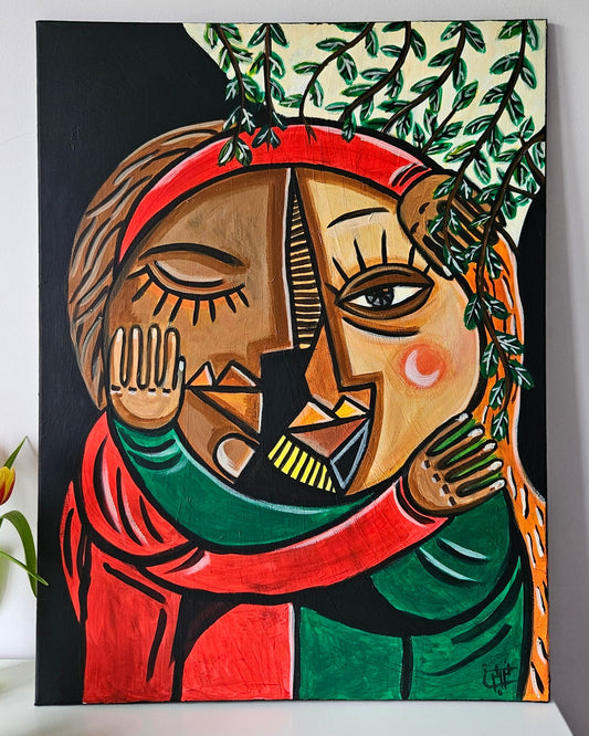 Love Beneath Nature's Veil" Painting - A vibrant acrylic artwork depicting a scene of love, enveloped by nature's embrace.