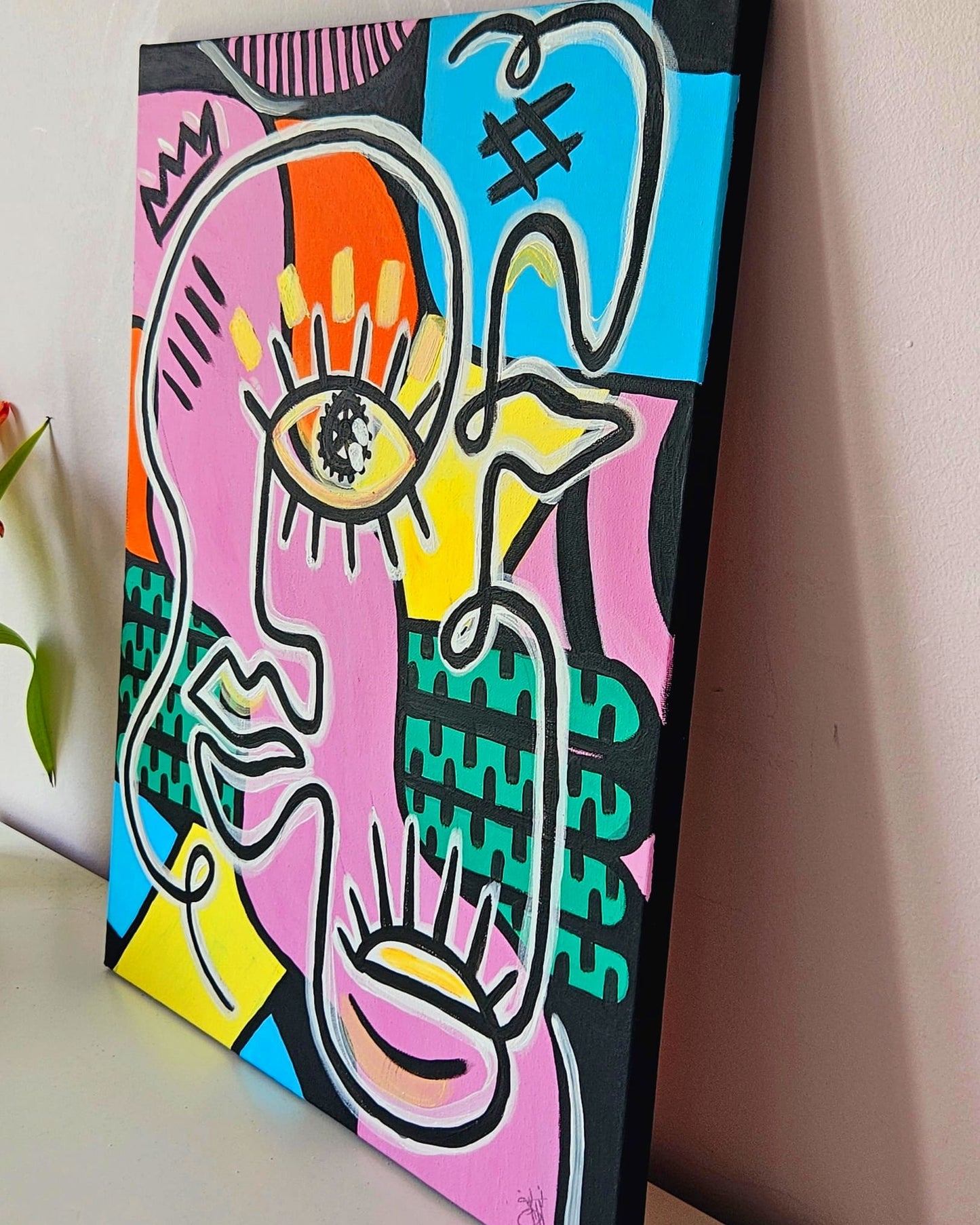 Abstract painting titled 'Connection of Gaze' featuring a colorful, stylized face with a prominent eye, vibrant geometric shapes, and bold black outlines.