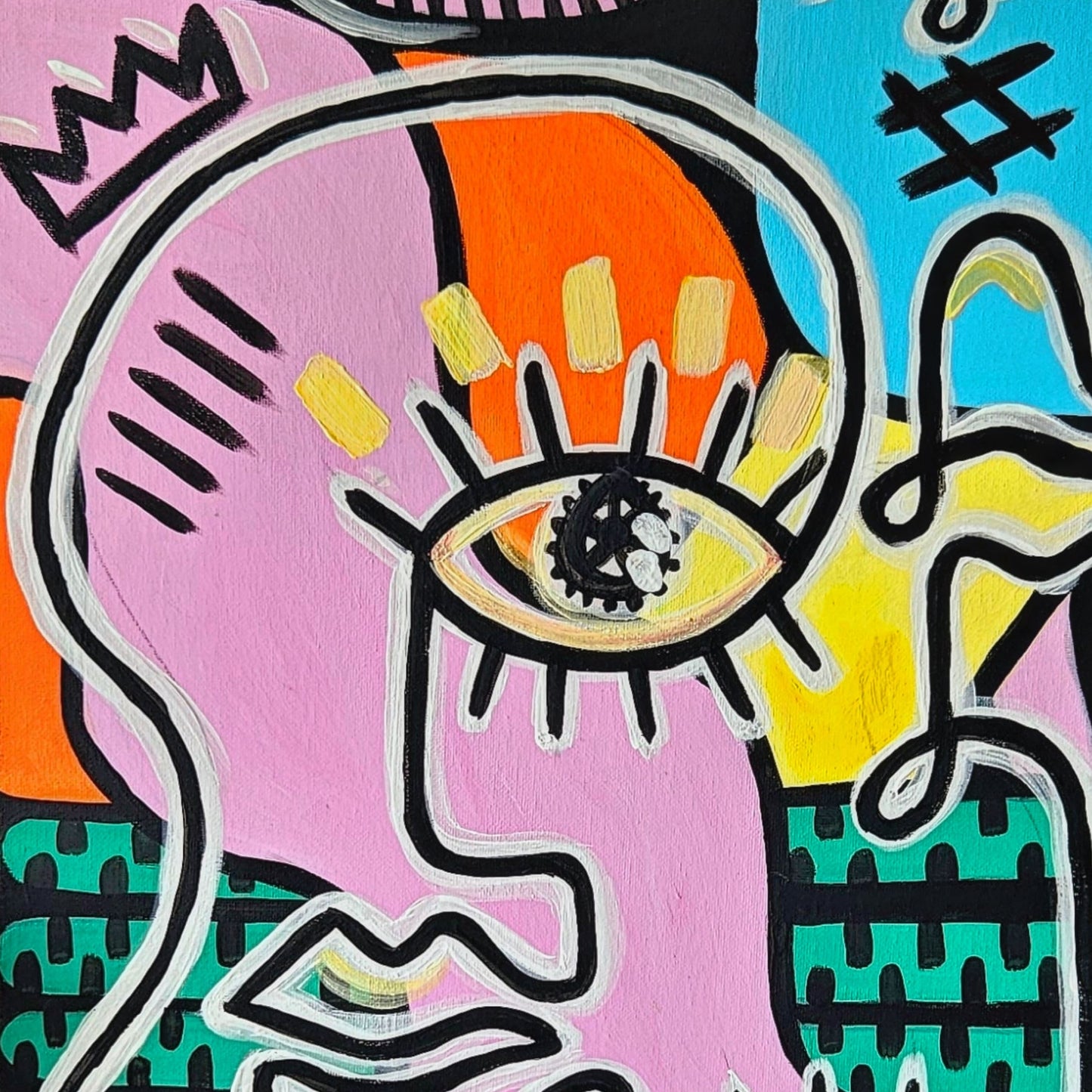 Abstract painting titled 'Connection of Gaze' featuring a colorful, stylized face with a prominent eye, vibrant geometric shapes, and bold black outlines.