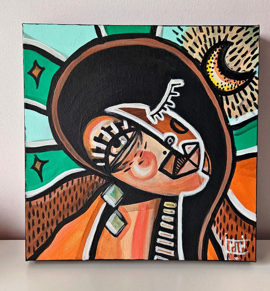 Abstract painting titled Starlit Desert Muse Painting featuring a stylized figure with a serene expression, surrounded by earthy tones, vibrant greens, a crescent moon, and star motifs