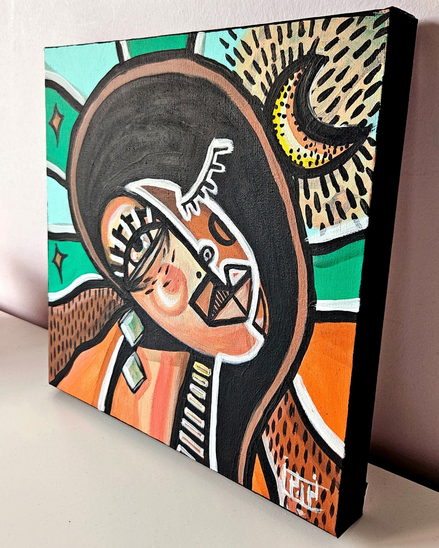 Abstract painting titled Starlit Desert Muse Painting featuring a stylized figure with a serene expression, surrounded by earthy tones, vibrant greens, a crescent moon, and star motifs