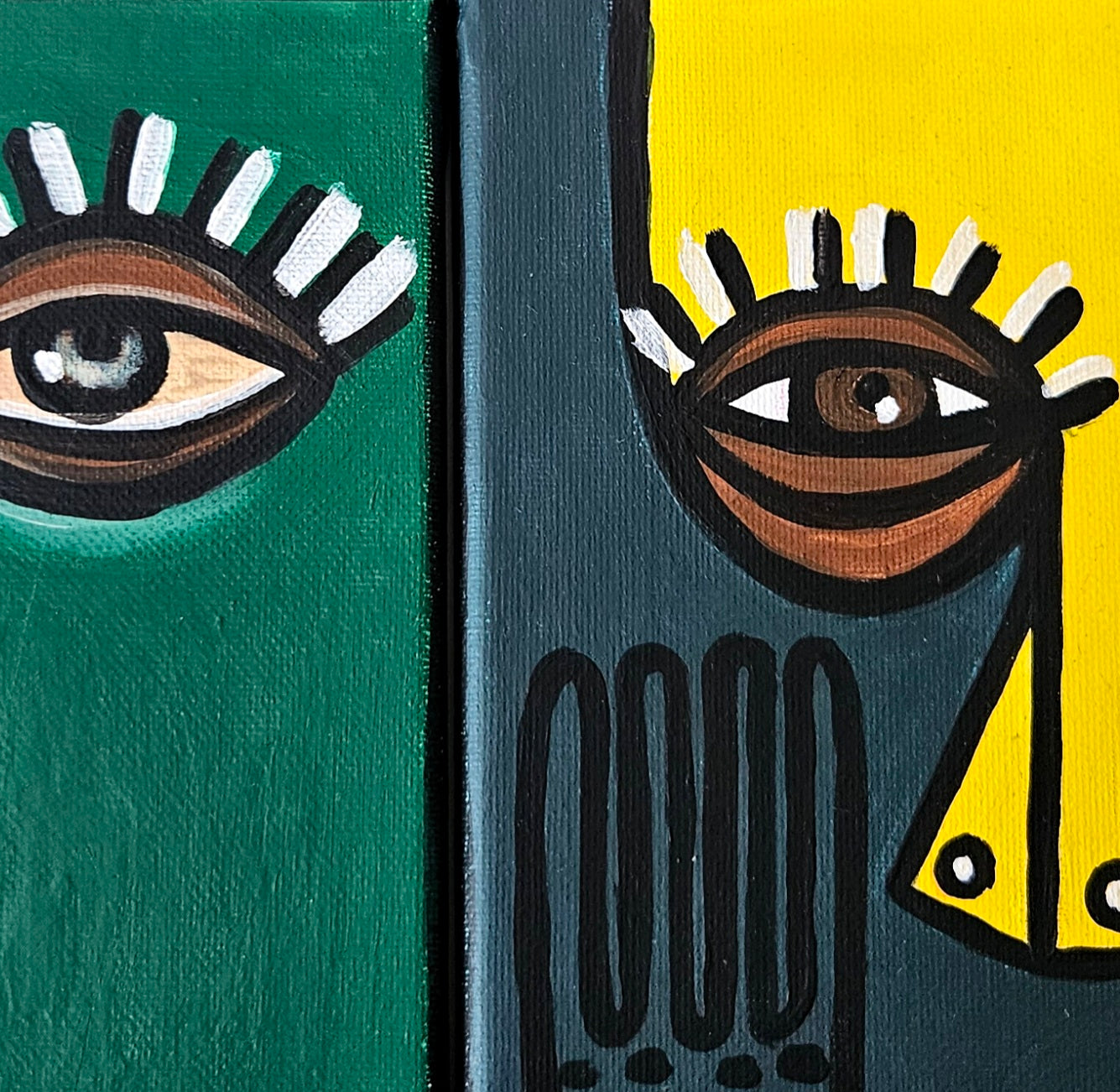 Three abstract paintings with stylized faces in different colors and shapes.