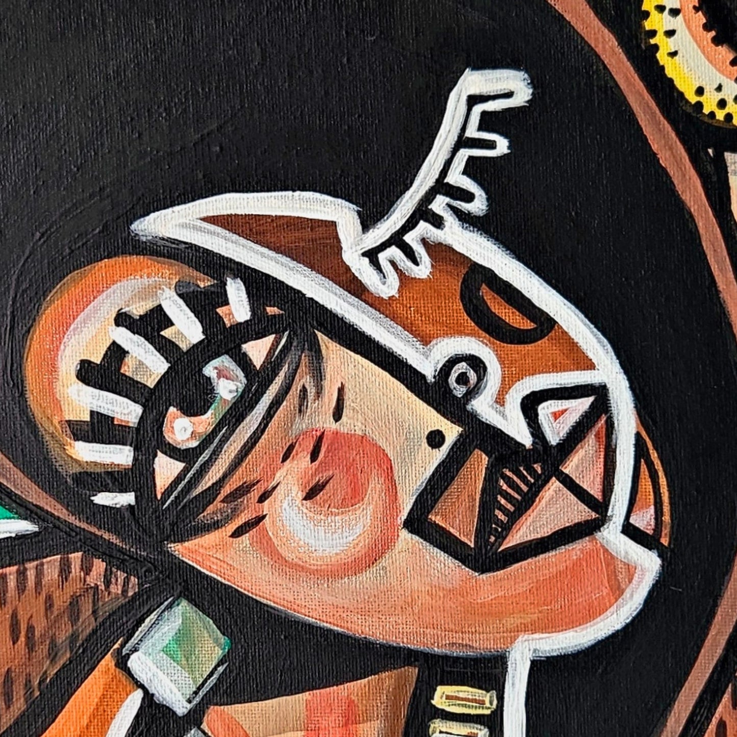 A high-resolution macro shot highlighting the rich brushwork, canvas texture, and intricate white linework of a modern abstract portrait.