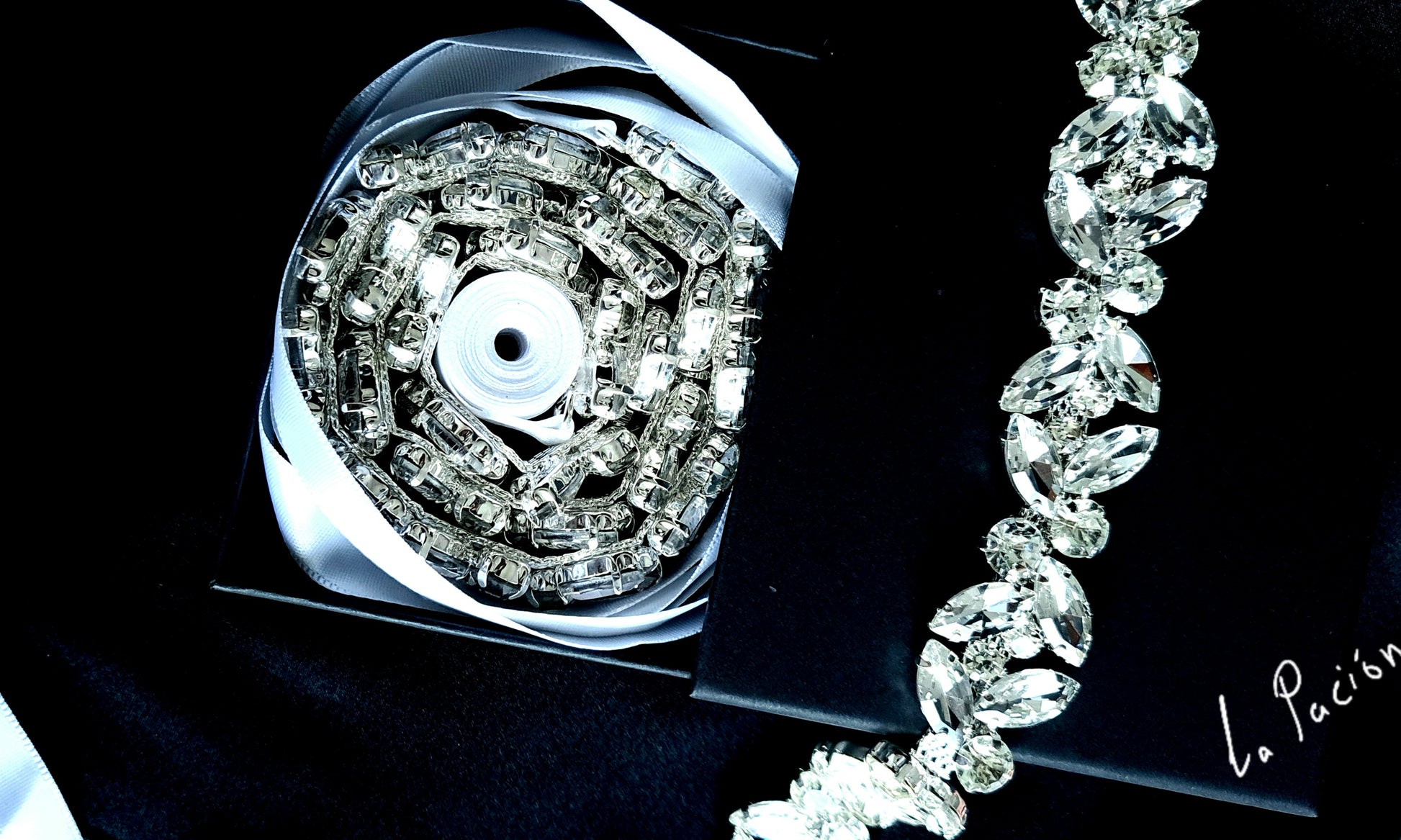 Emmy bridal belt, showcasing its intricate design and shimmering crystals.