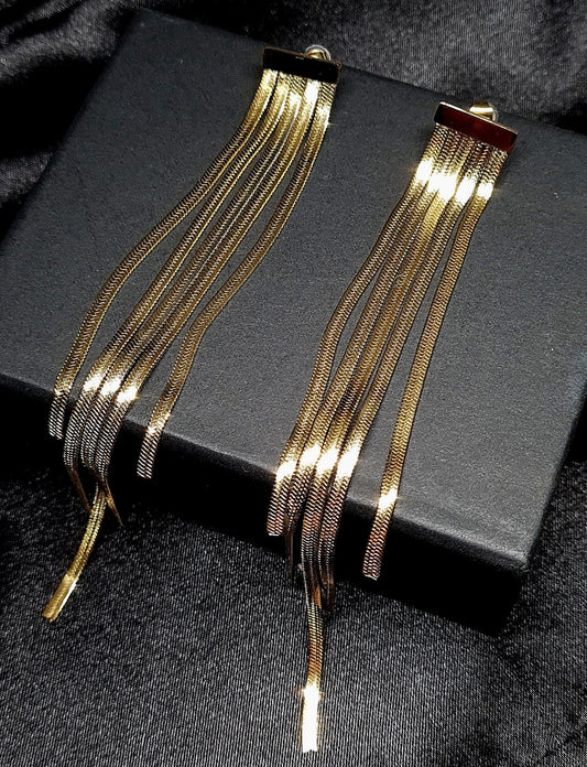 Gold chain earrings sitting on a black box. The earrings are long and have a fringe design. They are made of gold and have a shiny finish. The earrings are sitting on top of a black box.