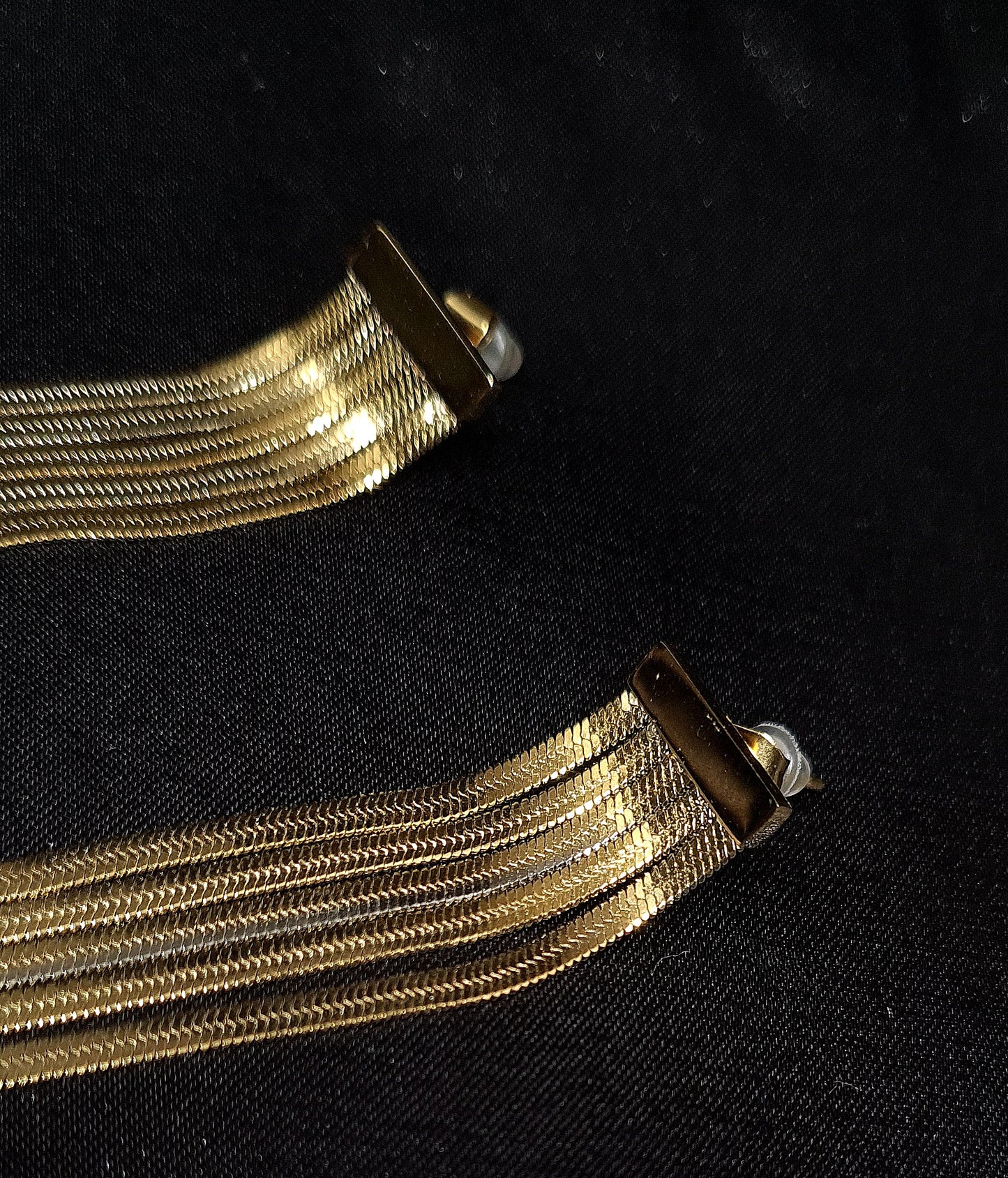Gold chain earrings sitting on a black box. The earrings are long and have a fringe design. They are made of gold and have a shiny finish. The earrings are sitting on top of a black box.
