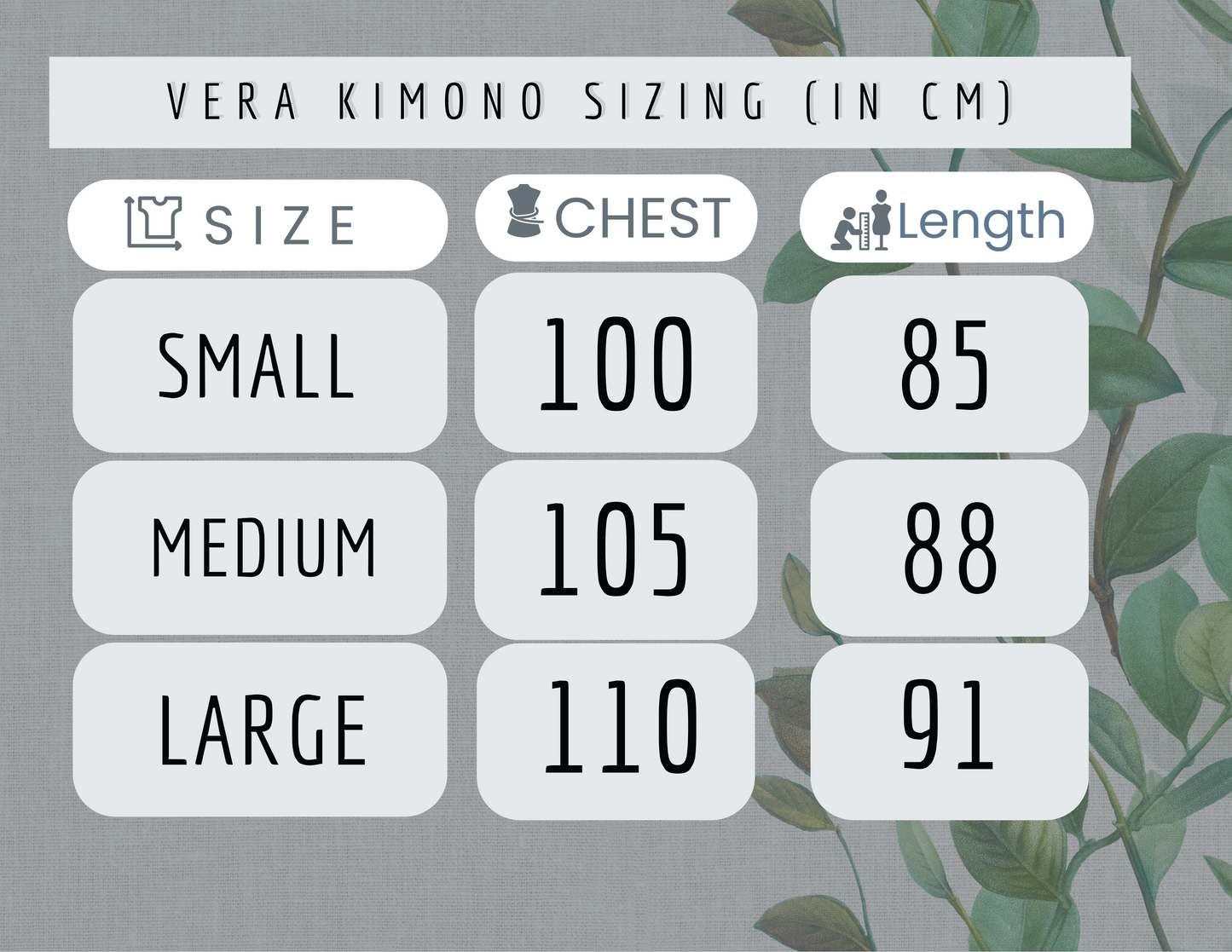 a chart size of a bridal kimono