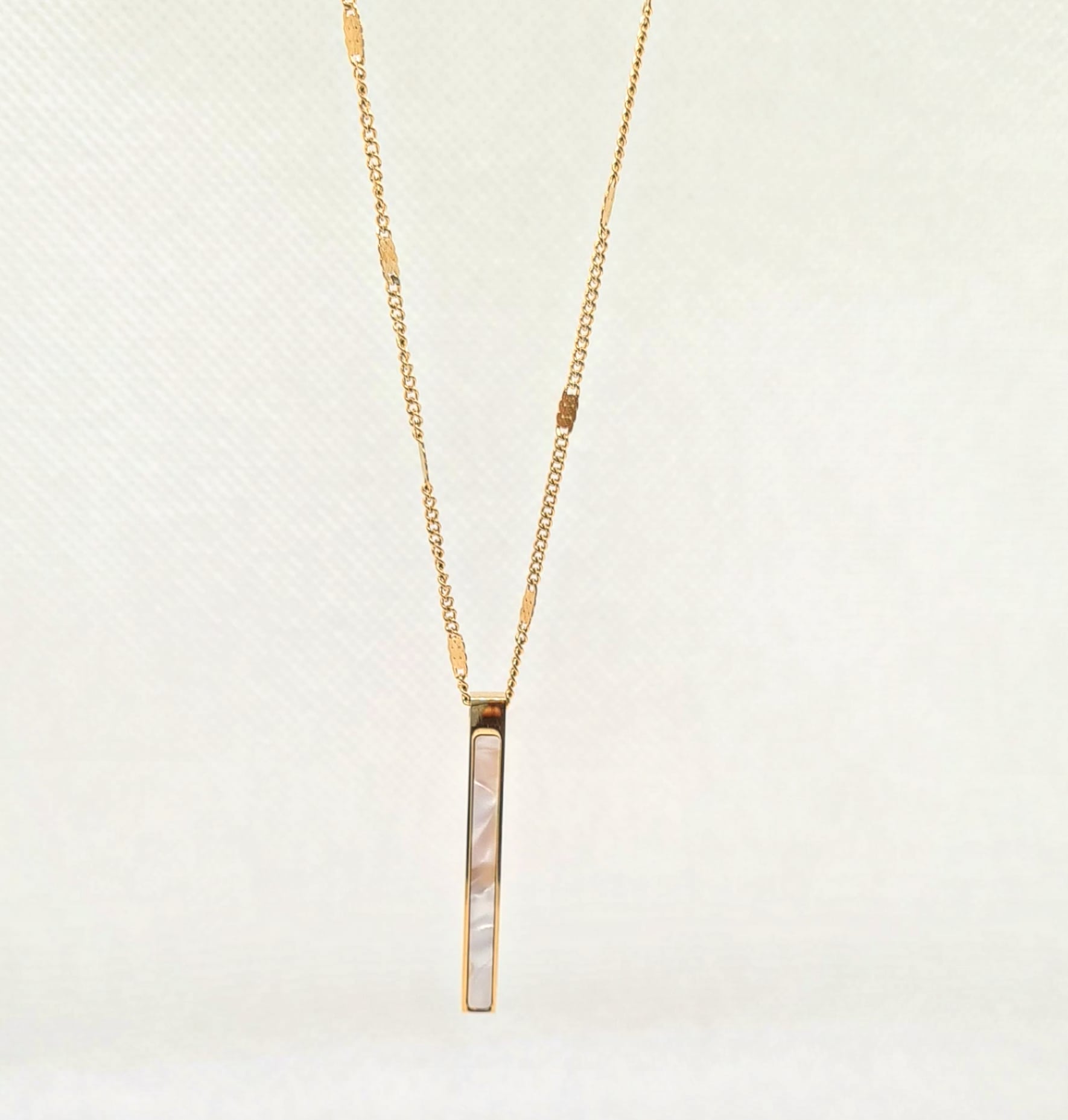 Ayla Necklace a sleek and delicate golden chain with a long shell pendant.