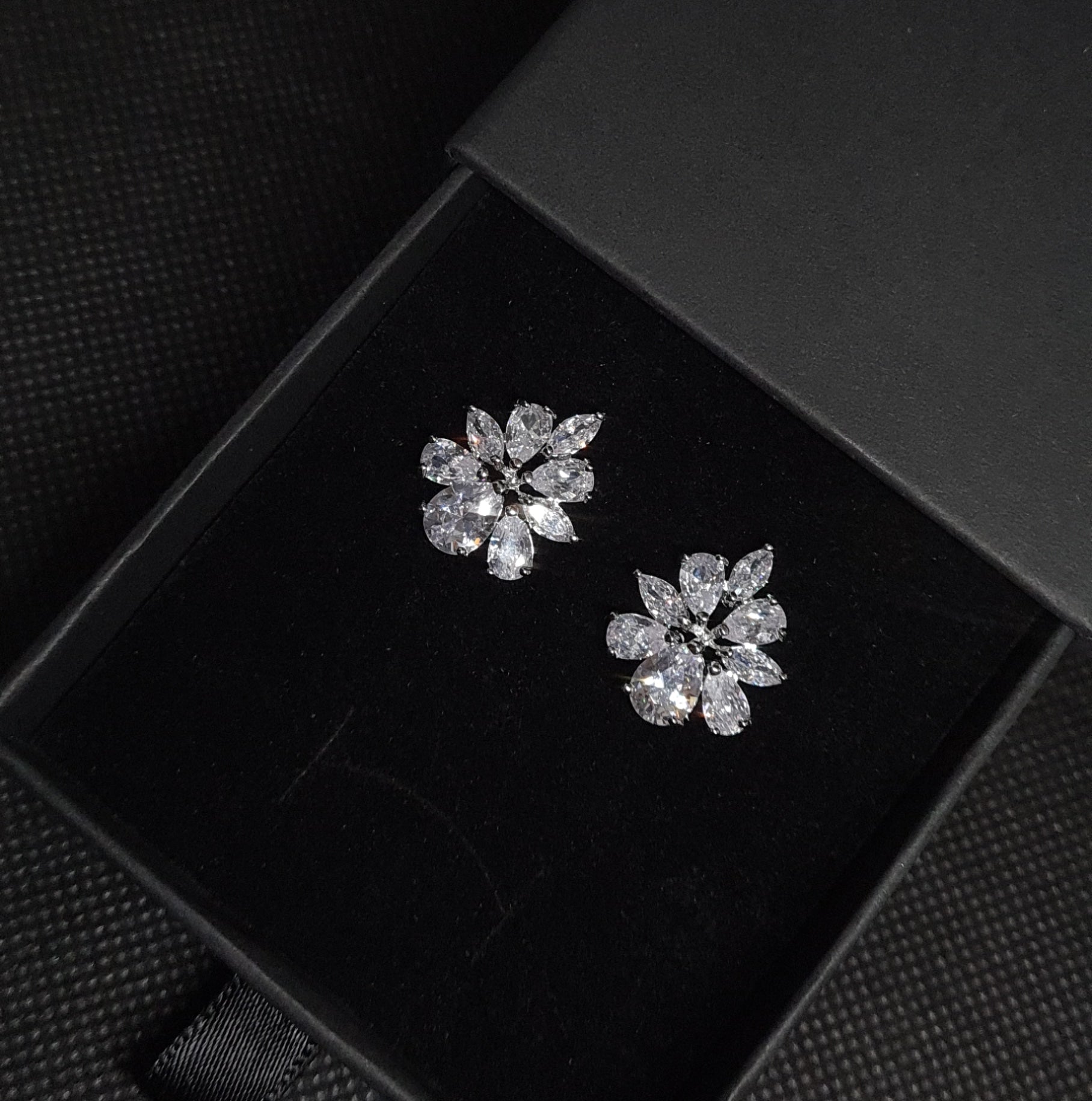 Bloem Earring a floral design with silver petals adorned with cubic zirconia stones.