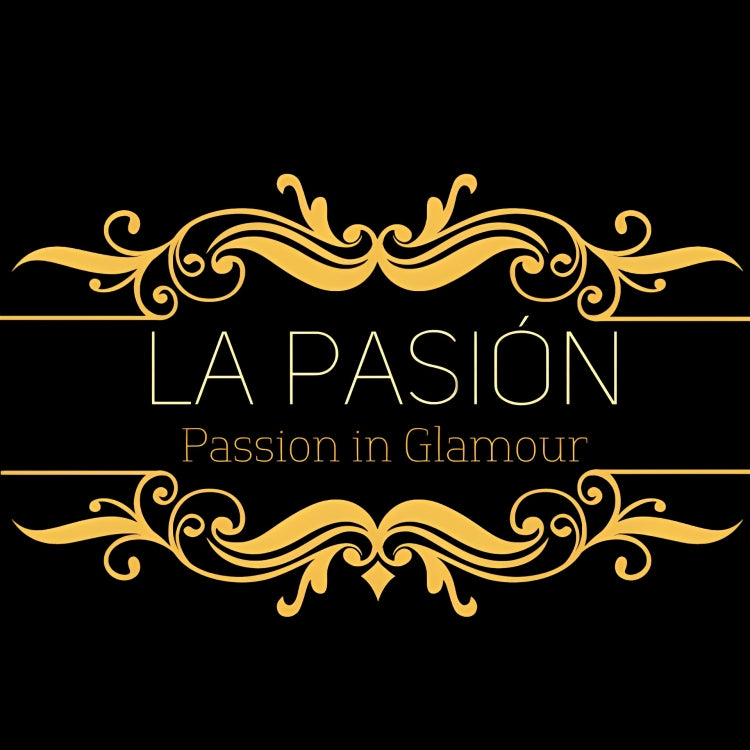 a logo with text in the middle says La Pasion with slogan under it passion in glamour in gold on a black background