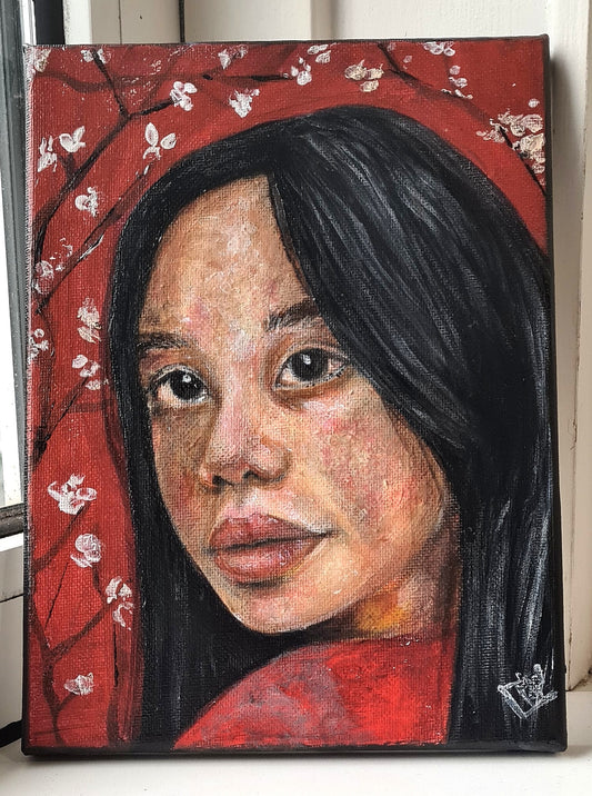 A painting of a beautiful young woman with black straight hair wearing a red top. She has large, dark eyes that are framed by long lashes. The background of the painting is dark red with Sakura blossoms. She is looking off to the side, her expression thoughtful.