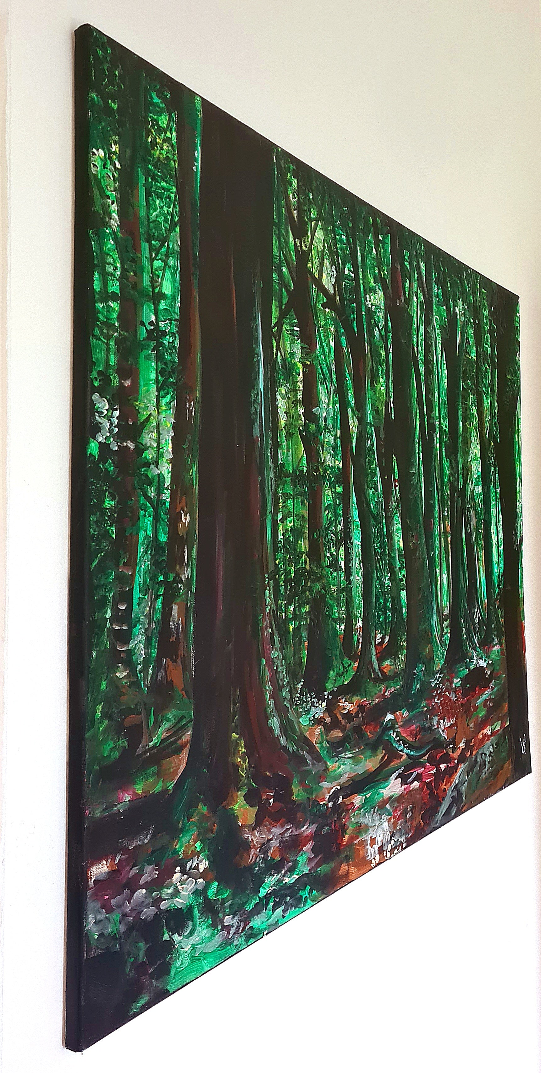 Forest Reverie Painting an original acrylic painting with tall, sun-dappled trees in this serene forest