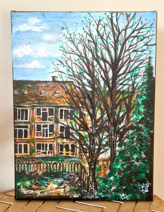 acrylic on canvas painting. The painting depicts a tree in front of a building. The tree is tall and has a lot of leaves. The building is made of wood and has a lot of windows. The colors in the painting are muted, with a predominance of blues and greens.