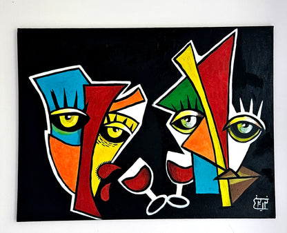 Abstract portrait painting in bold colors featuring three stacked faces, geometric shapes, and a single abstract wine glass in the foreground.