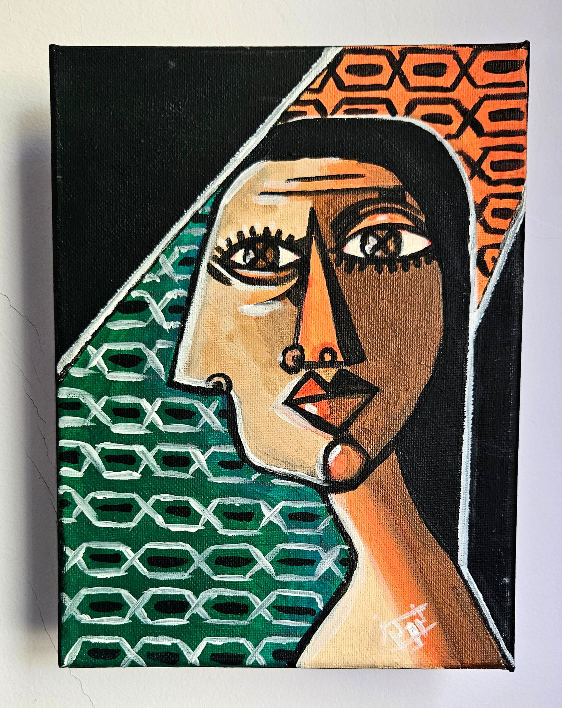 Acrylic painting titled "Merge of Reflections" depicting a woman with one detailed, forward-facing face and a partially obscured profile, both conveying serenity and introspection