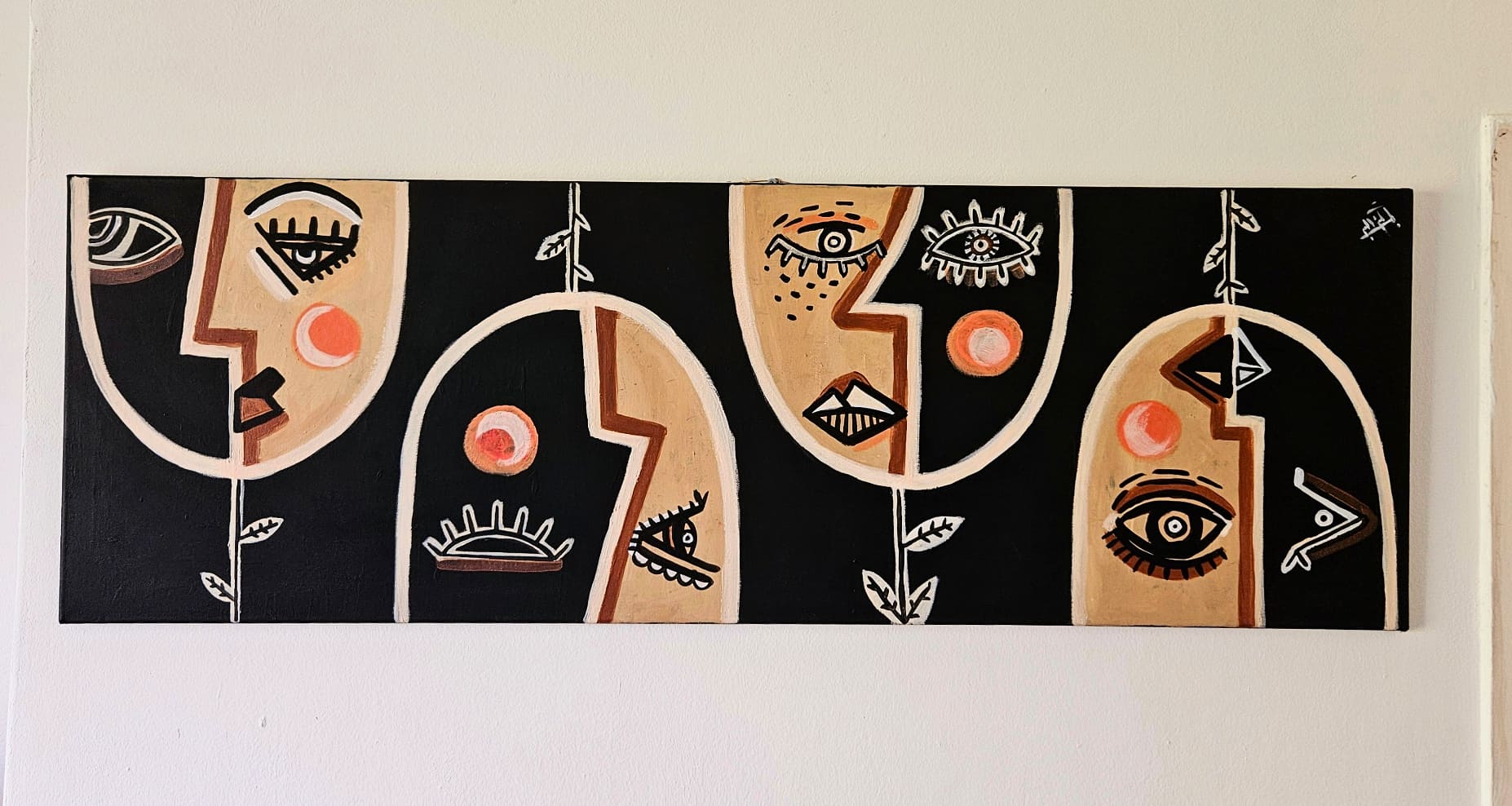 Botanical Harmony: Faces of Nature - Abstract painting with colorful shapes resembling faces on a black background. 