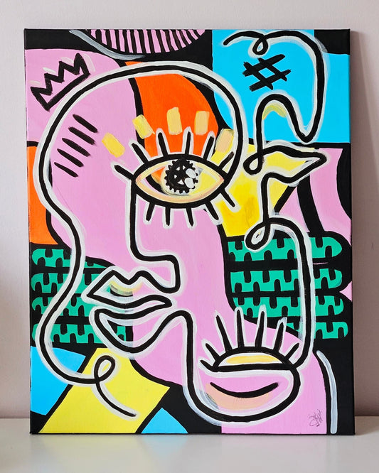 Abstract painting titled 'Connection of Gaze' featuring a colorful, stylized face with a prominent eye, vibrant geometric shapes, and bold black outlines.