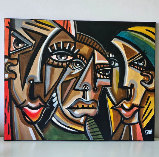 Abstract painting titled Trio of Devious Gazes featuring interwoven, stylized faces with bold black outlines and earthy tones.