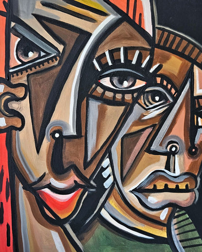 Abstract painting titled Trio of Devious Gazes featuring interwoven, stylized faces with bold black outlines and earthy tones.