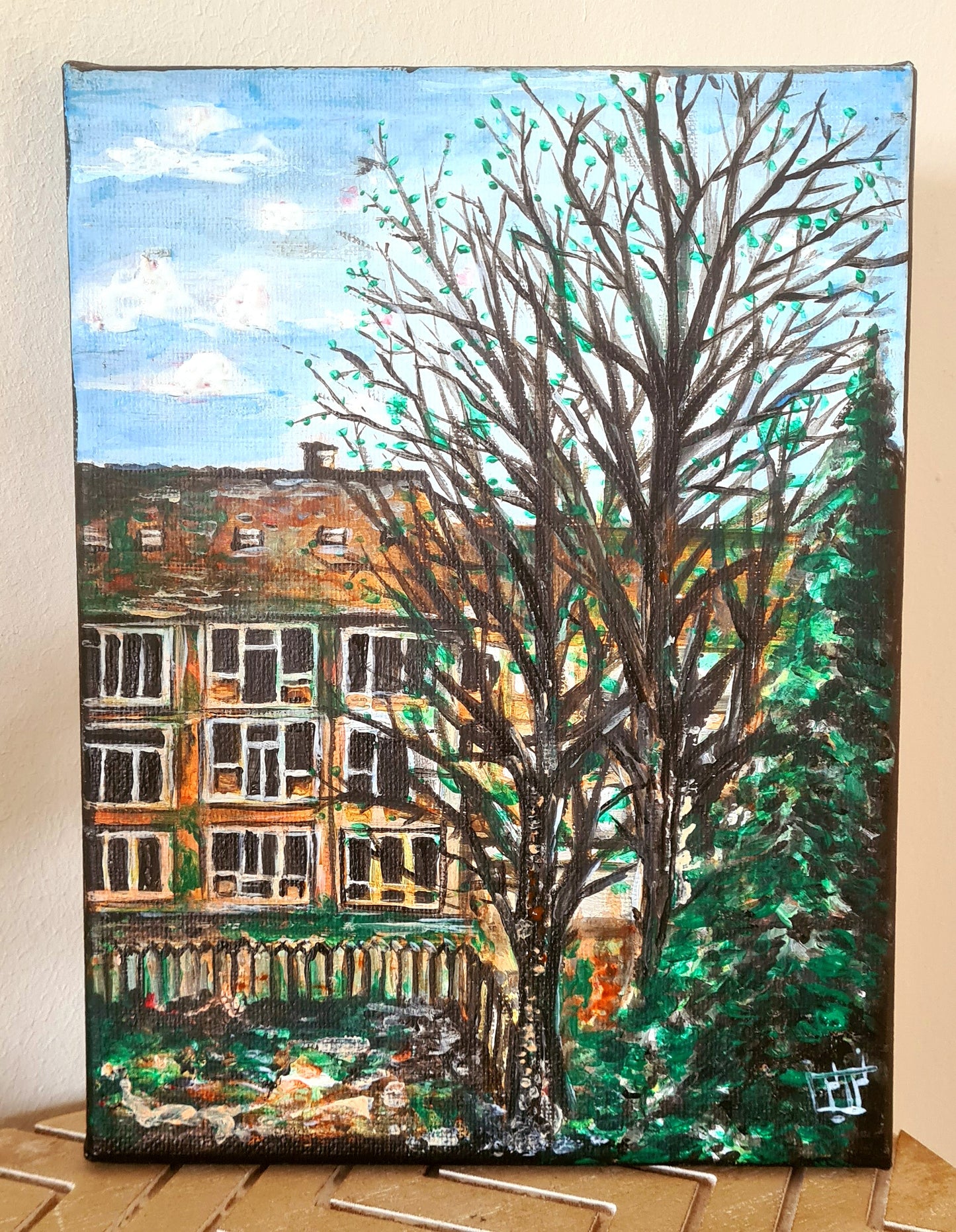 Acrylic painting of Amsterdam with tall tree, red brick building, muted colors, and dreamy background.