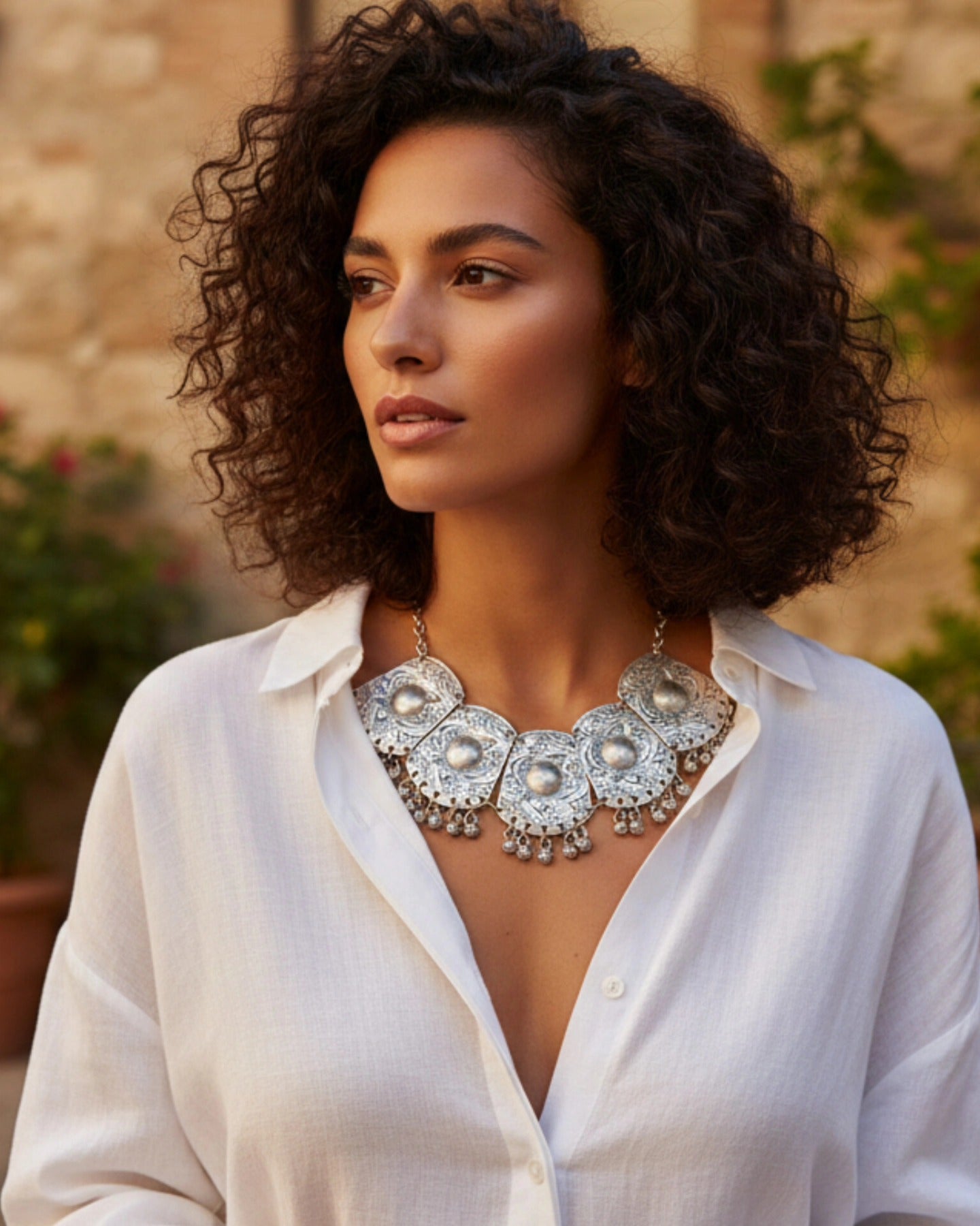 Lifestyle portrait of a woman with curly hair wearing a large, ornate silver bohemian statement necklace over a crisp white linen shirt in warm, sunlit lighting.