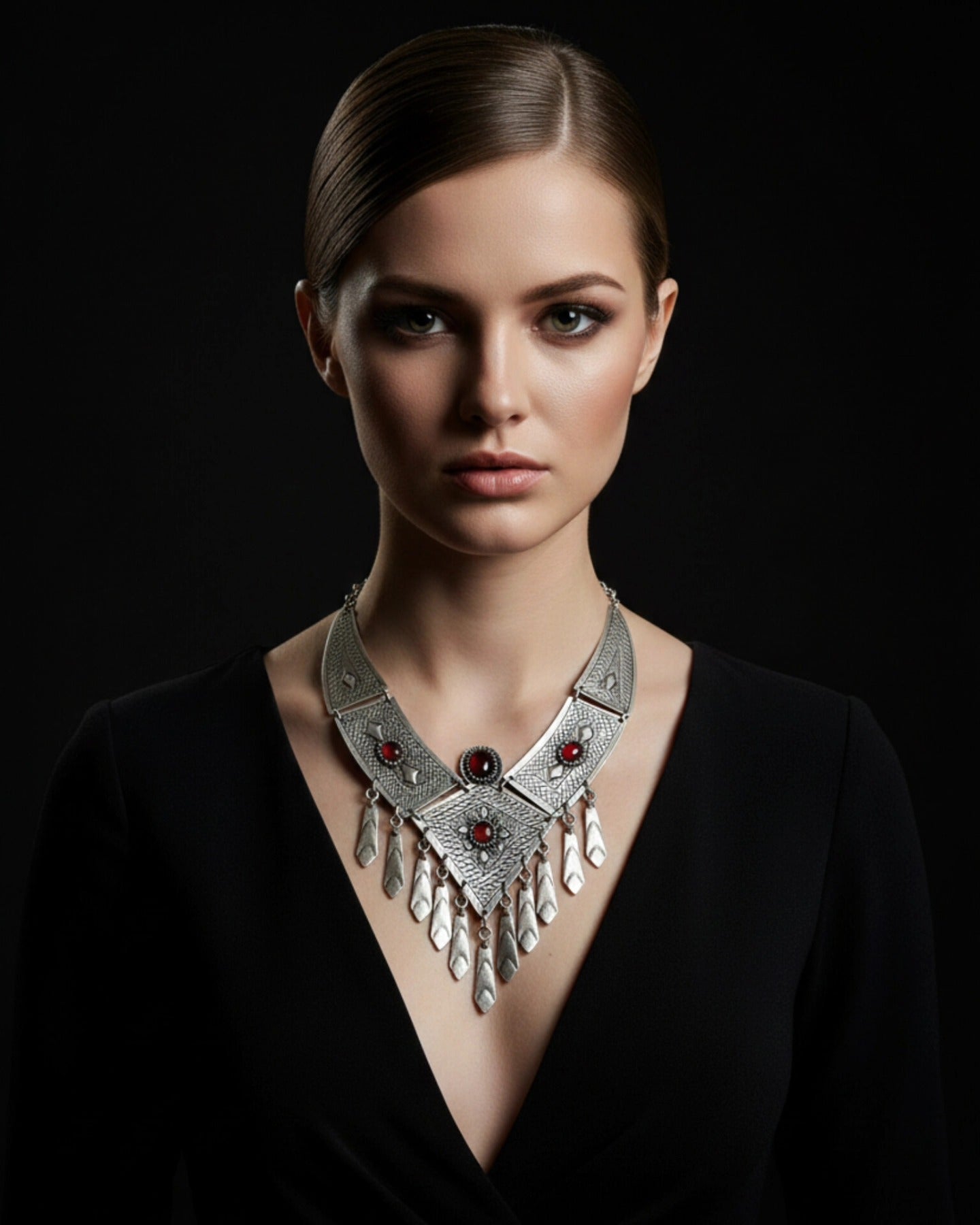 Symmetric studio portrait of a model wearing a large, intricate silver tribal statement necklace with red gemstones, styled against a black background with dramatic chiaroscuro lighting.