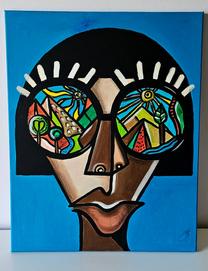 A vibrant, abstract painting of a woman with sunglasses reflecting a colorful landscape