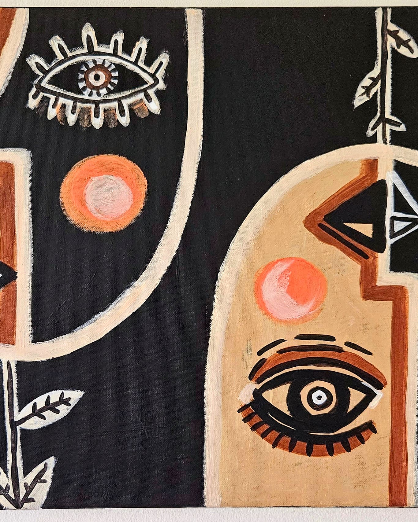 A high-resolution detail shot of the "Faces of Nature" painting by Nour Yousfi, showcasing the intricate colorful shapes, joyful expressions, and rich acrylic texture.