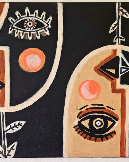 A high-resolution detail shot of the "Faces of Nature" painting by Nour Yousfi, showcasing the intricate colorful shapes, joyful expressions, and rich acrylic texture.