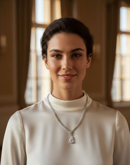 A premium luxury brand campaign photo featuring a smiling model with natural skin textures and elegant hair. She is wearing the Tear Necklace, demonstrating how the piece serves as the perfect bridal or special occasion accessory. The lighting is warm and human, focusing on emotional expression and high-fashion aesthetics.