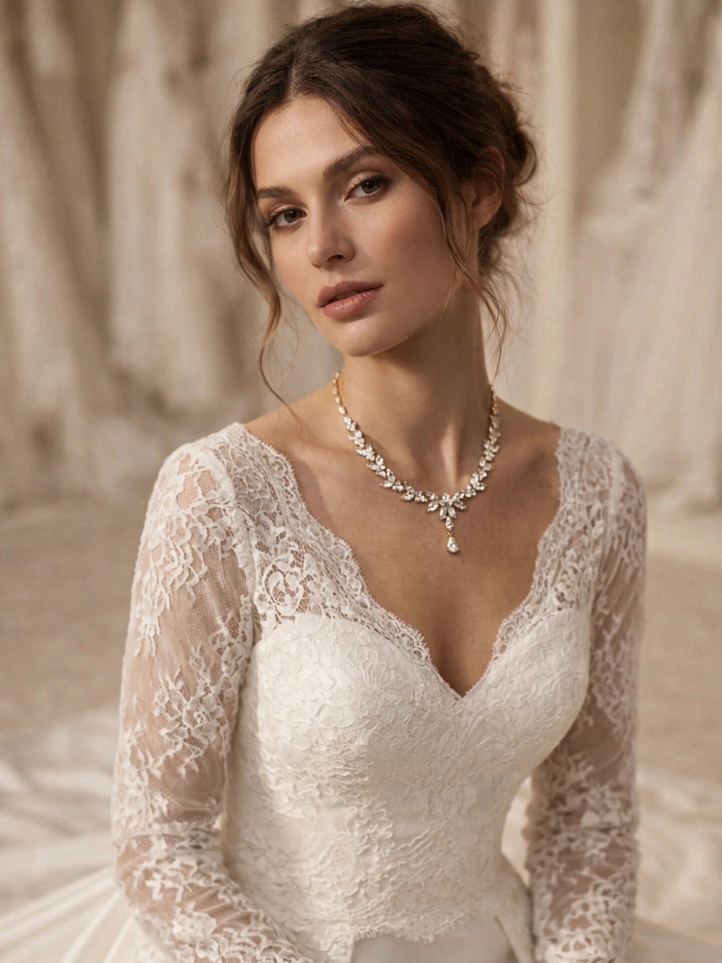 A bride wearing a long-sleeved white lace wedding dress with a deep V-neckline, accessorized with a delicate vine-style diamond necklace featuring a pear-cut drop pendant.