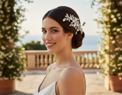 A premium lifestyle campaign shot of a smiling model showcasing the brilliant sparkle of a Samara teardrop crystal hair comb in a sophisticated bridal hairstyle.