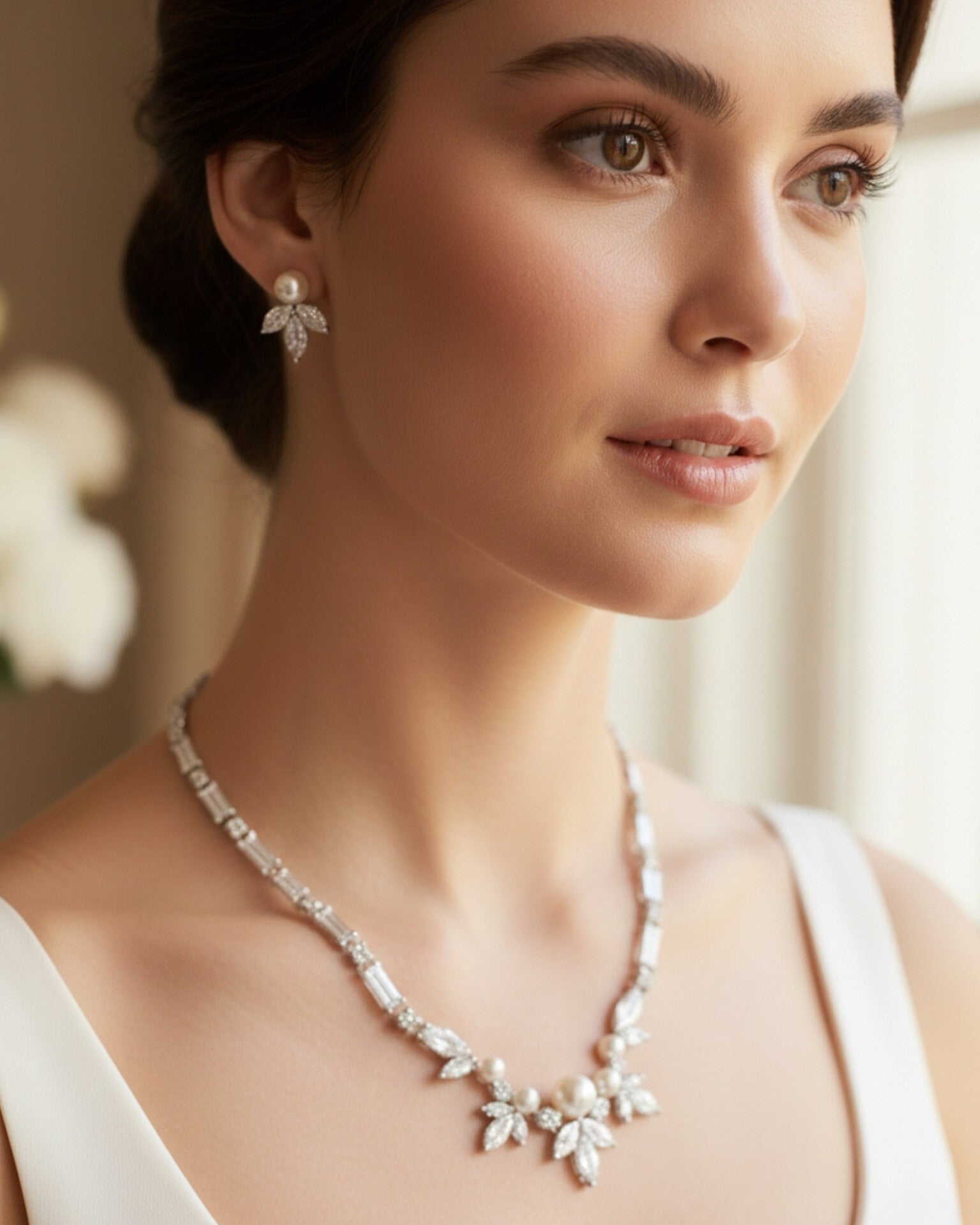 Macro luxury photography of a marquise-cut diamond and pearl jewelry set, highlighting the intricate craftsmanship and high-status aesthetic