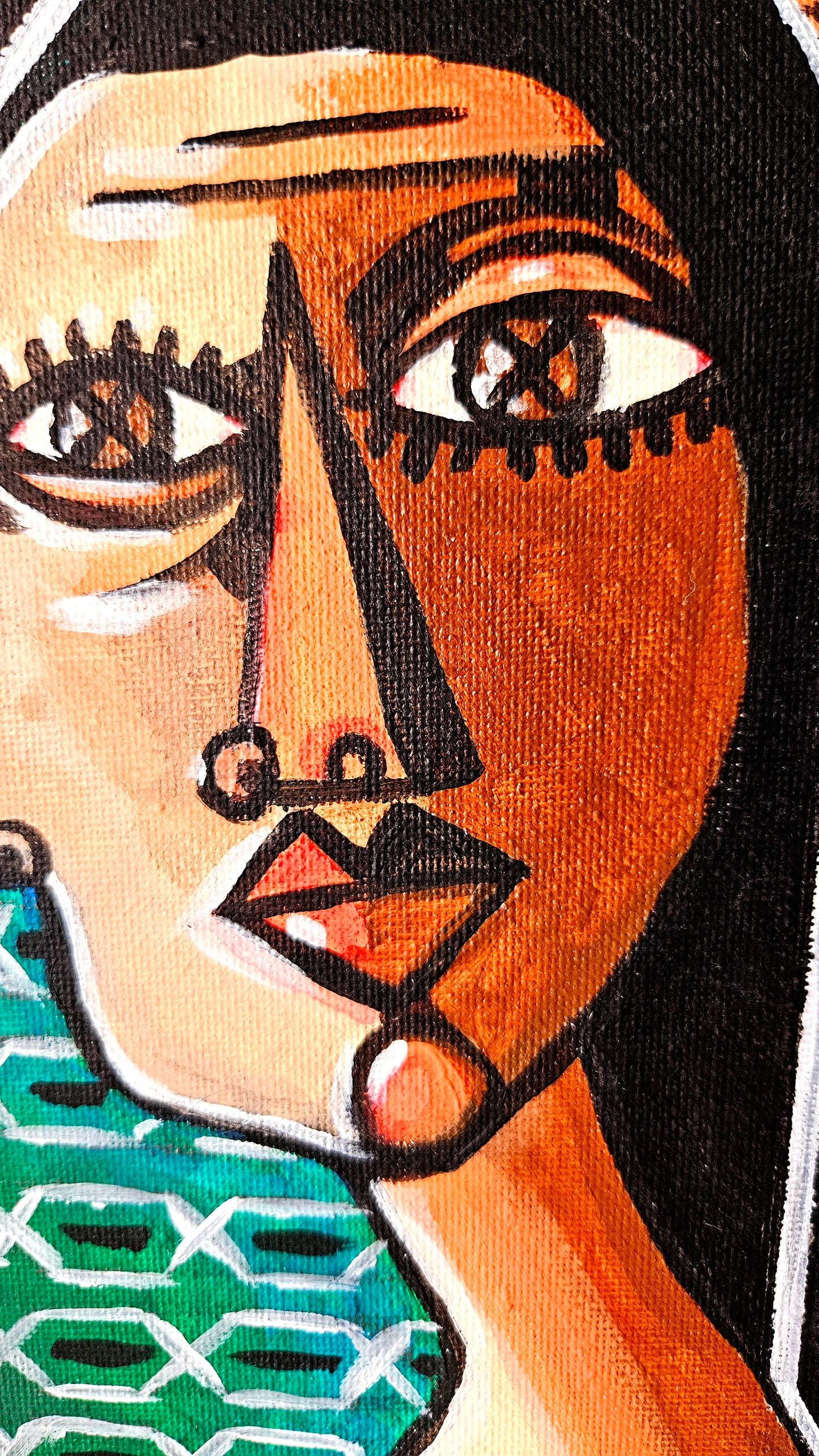 Close-up of "Merge of Reflections" by Noor Yousfi, showcasing the bold black outlines, expressive textures, and the duality of human emotion on canvas