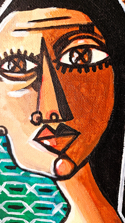 Close-up of "Merge of Reflections" by Noor Yousfi, showcasing the bold black outlines, expressive textures, and the duality of human emotion on canvas