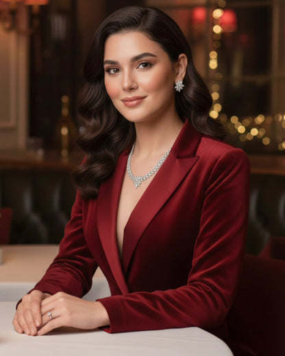 Close-up of a sophisticated woman seated at a white linen table, showcasing a premium diamond jewelry set including a necklace, star-shaped earrings, and a delicate diamond ring. She is wearing a tailored burgundy velvet suit in a luxury restaurant setting with warm, aspirational lighting.