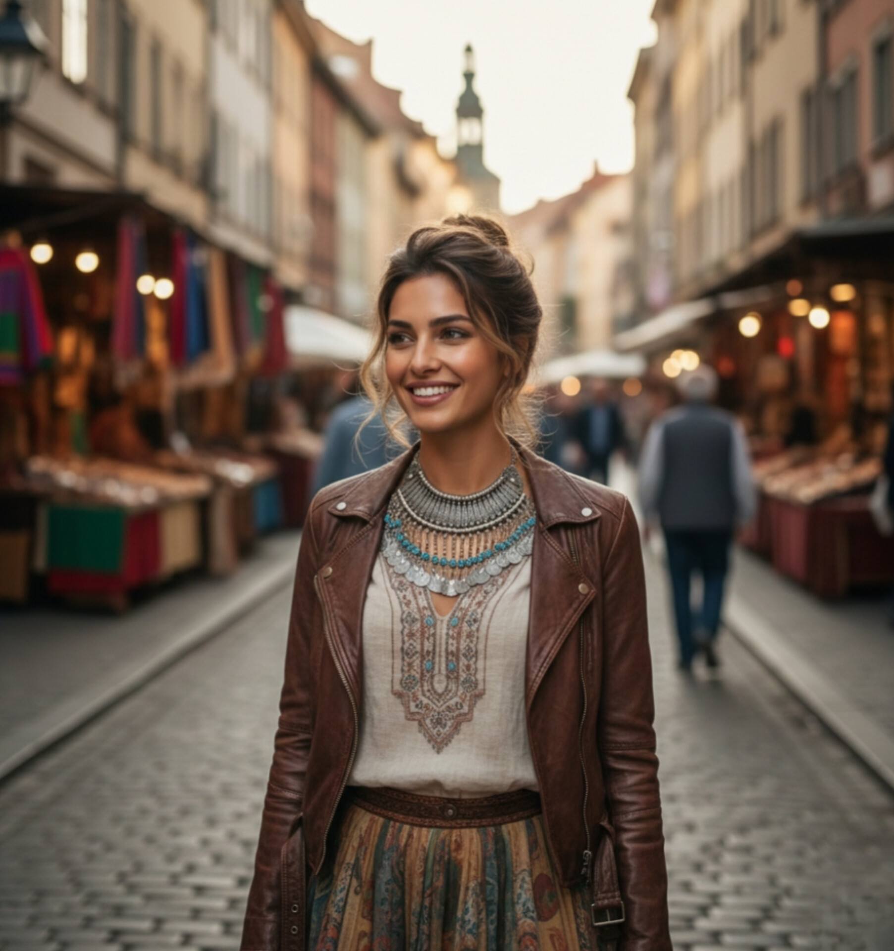 High-fashion editorial shot of a model wearing the Priscilla silver filigree necklace with turquoise accents, styled with a leather jacket for a modern luxury brand aesthetic.