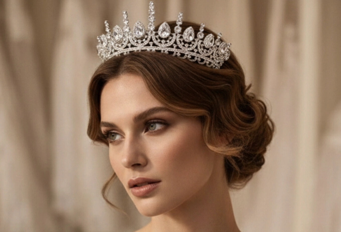 Macro photography of a premium diamond bridal tiara by La Pasión. The shot emphasizes the brilliant light refraction of the marquise and round-cut stones set in polished silver, showcasing elite craftsmanship and aspirational wedding luxury.