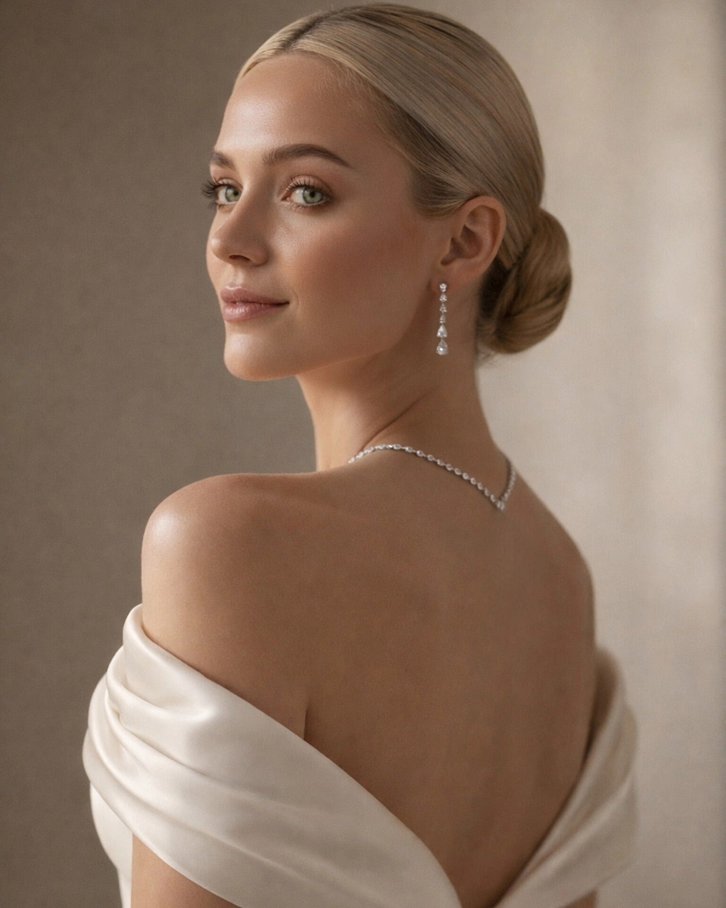 Woman wearing a white off-shoulder garment with a neutral background A premium back-view shot of a model in a silk gown, showcasing the 44.45 cm Dilara silver necklace drape.