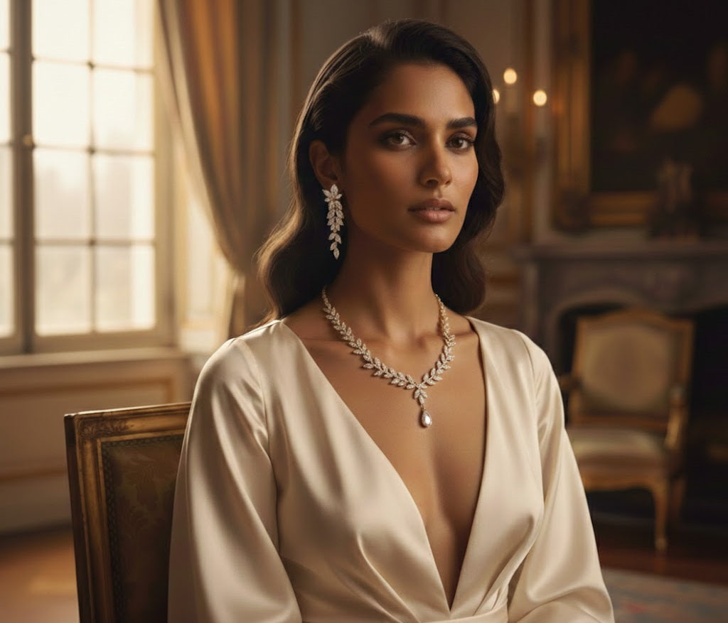 High-fashion editorial portrait of a model with long, dark wavy hair wearing a luxurious cream silk top and the gold marquise-leaf jewelry set