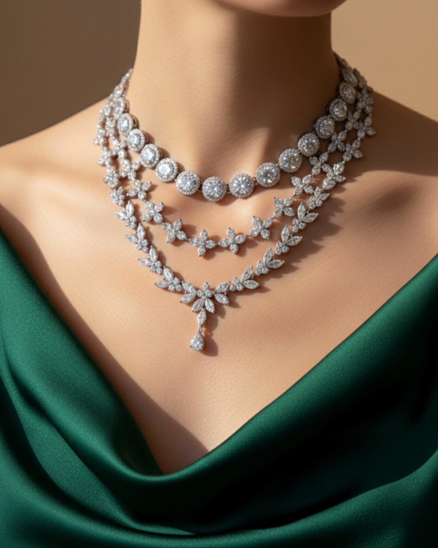 Close-up of a high-end triple-layered silver and diamond necklace on a model wearing an emerald green silk gown. The design features a top row of round-cut halos and two lower rows of marquise-leaf clusters with a central pear-cut teardrop pendant.